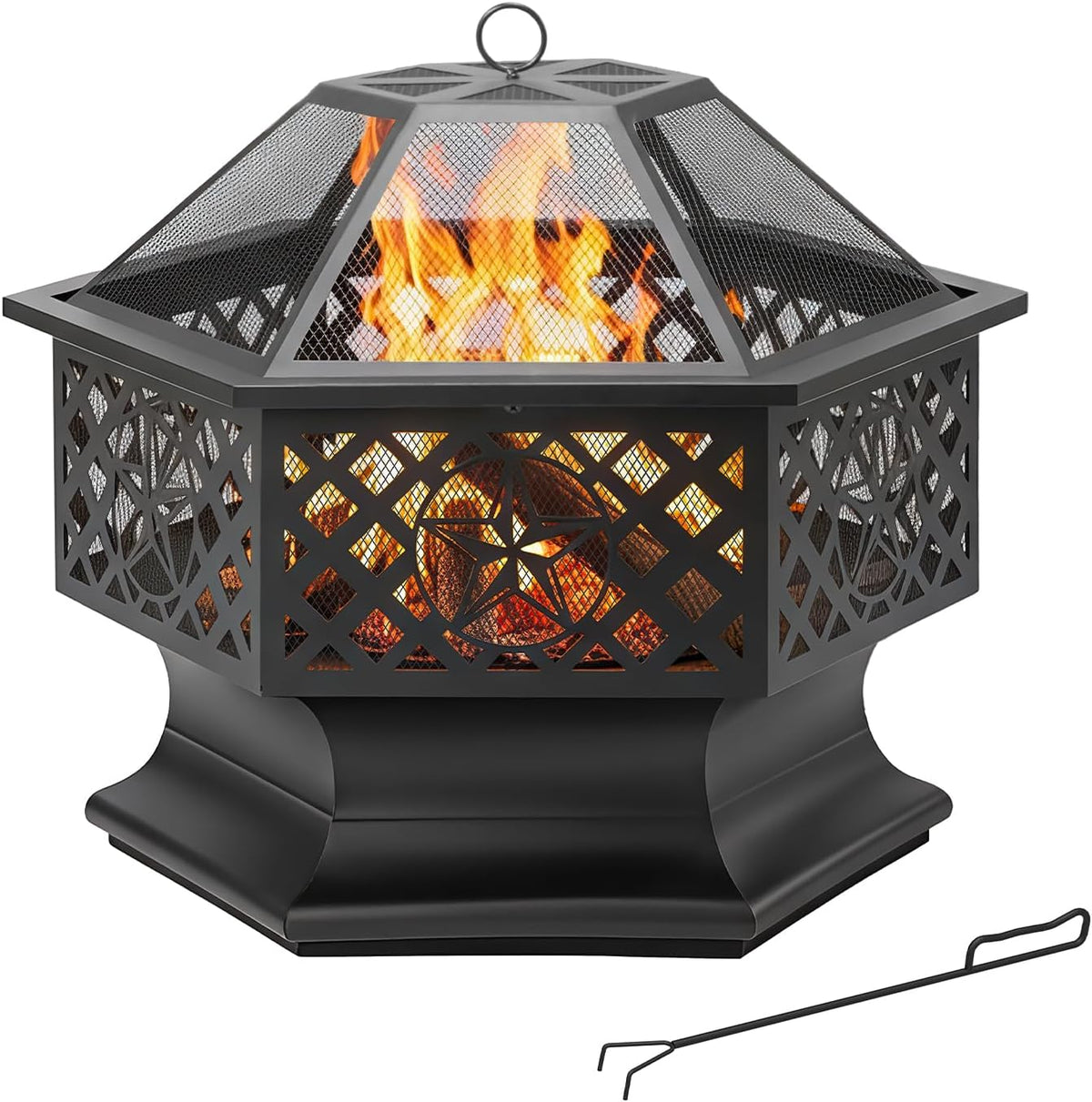 Panovue 28 Inch Hexagonal Fire Pit with Spark Screen&Fire Poker Black