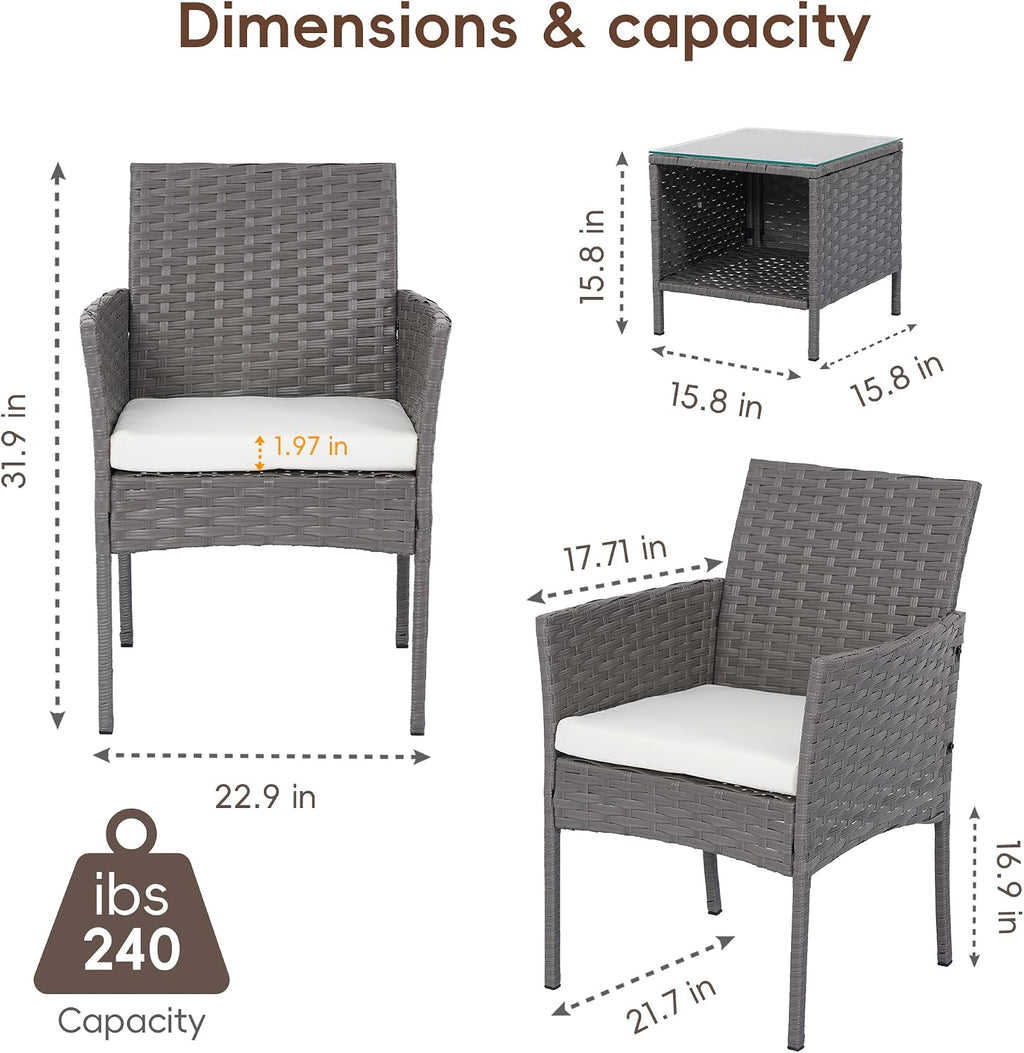 3 Piece Patio Furniture Set, Gray Wicker Chairs with Beige Cushion