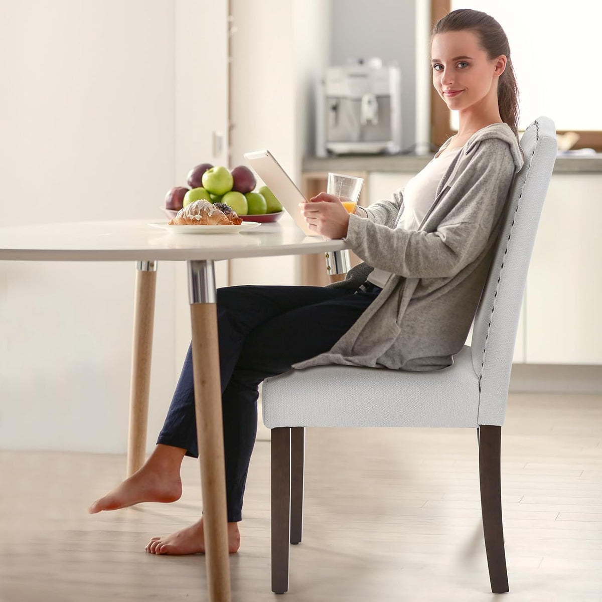 DUMOS Dining Chairs Set of 6, Upholstered Accent Chair, Light Grey