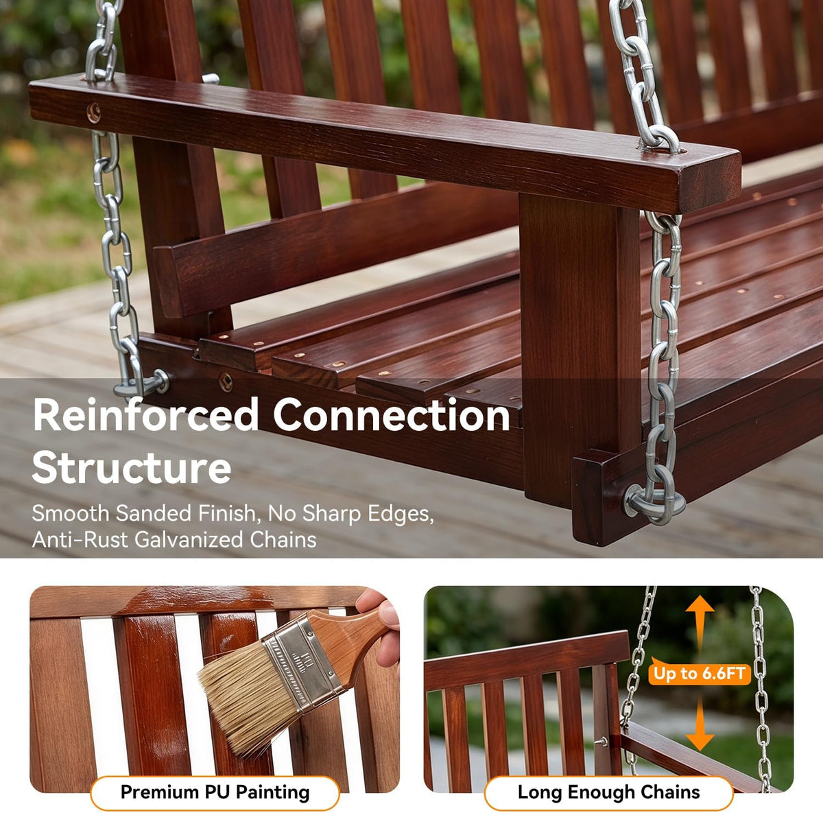 FDW 880 LBS Outdoor Wooden Porch Swing Wooden 3-Seater, 5FT with Ergonomic Design, Water-Resistant Heavy-Duty for Courtyard Garden Backyard, Brown