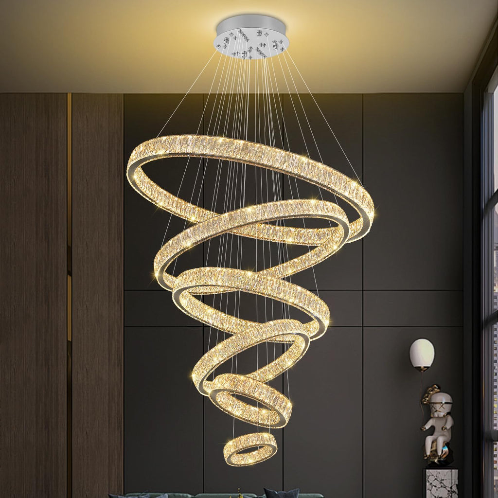 Extra Large 6 Ring Crystal Chandelier Modern LED Long Crystal Chandelier for High Ceiling Height Adjustable D8+15.7"+23.6"+31.5"+39.4"+47.5" Dimmable 2700K-6000K