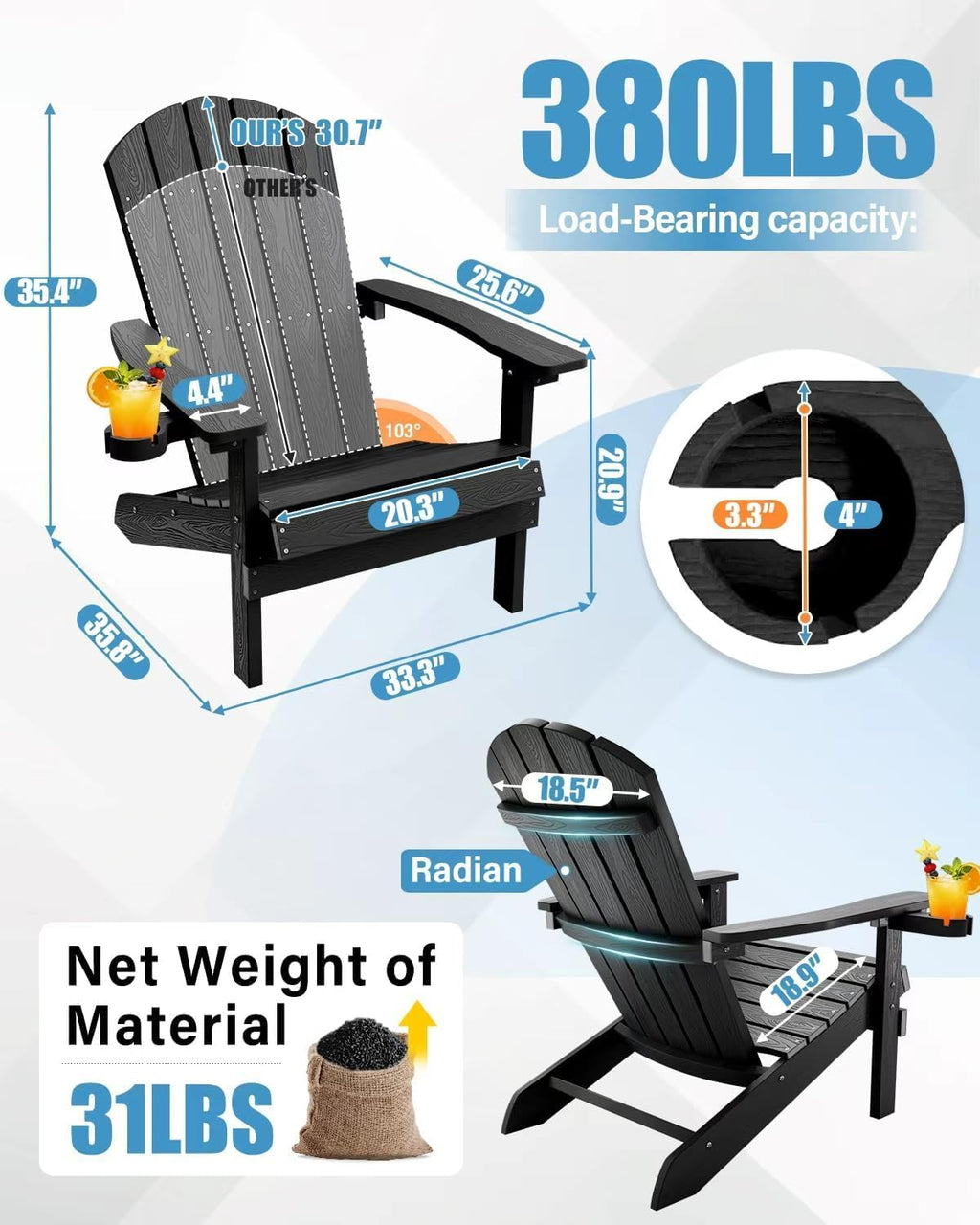 YEFU Adirondack Chairs Set of 6 with Cup Holder, Weather Resistant, Black