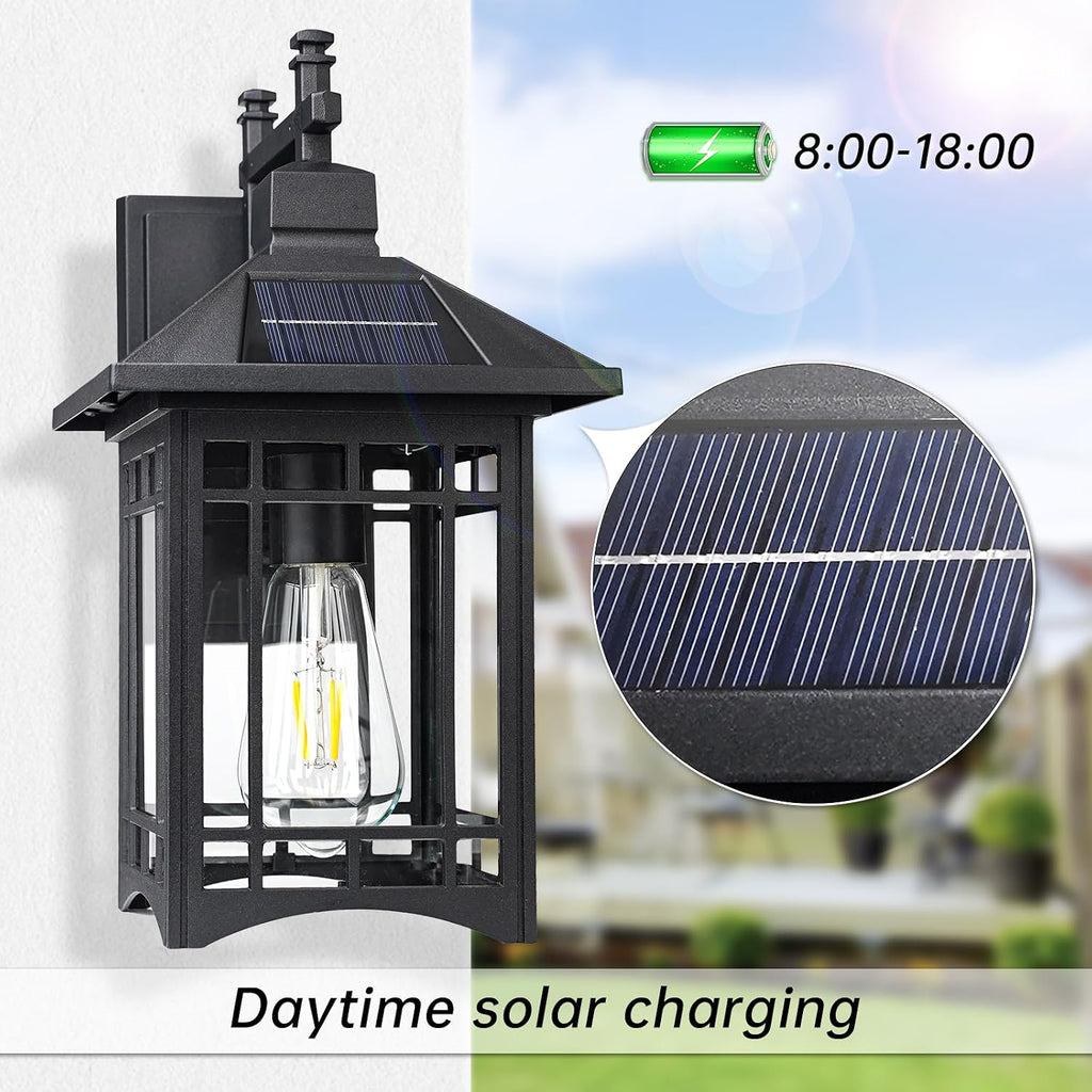 Solar Outdoor Wall Light，Exterior Lighting fixtures，Modern Black Exterior Light Fixture with Clear Glass Shade，Outdoor Solar Wall Lights Dusk to Dawn，for House Garage Doorway Patio