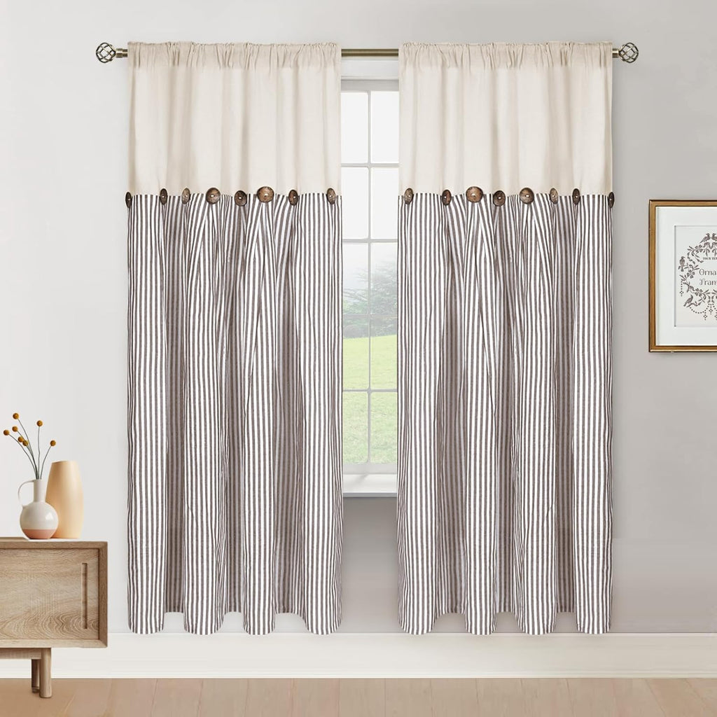 ASPMIZ Cotton Linen Farmhouse Curtains Boho Rustic Button Panel, Country Window Curtain Panels, Brown Stripe Modern Curtains for Living Room, Back Tab & Rod Pocket Curtain 52 x 63 Inch, 2 Panels