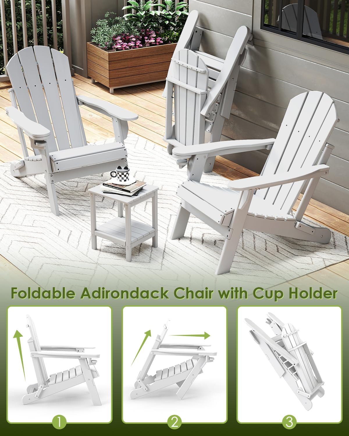 GREENVINES Folding-Adirondack-Chairs Set of 2, HDPE All Weather, White