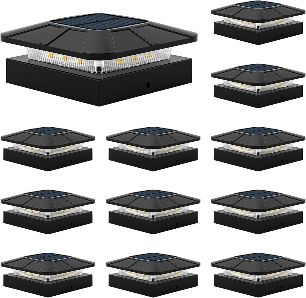 4x4 Solar Fence Post Cap Lights Outdoor Waterproof, 12 Pack, Black