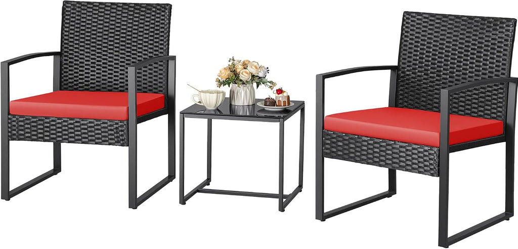 Greesum 3 Piece Wicker Conversation Bistro Sets Outdoor Patio Set(Red)