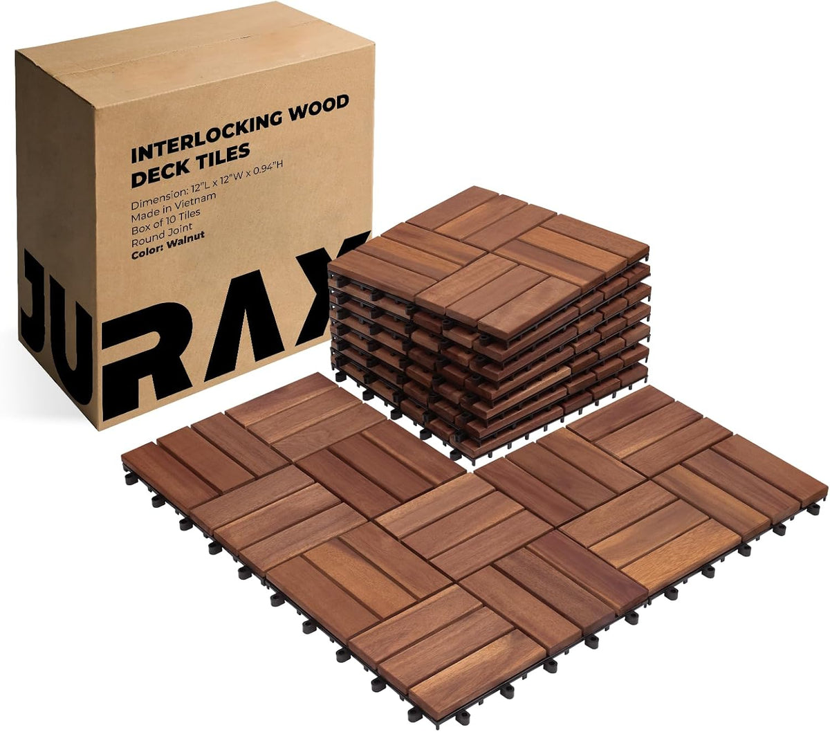 Jurax Interlocking Wood Deck Tiles, 10Pcs Patio Flooring, Walnut