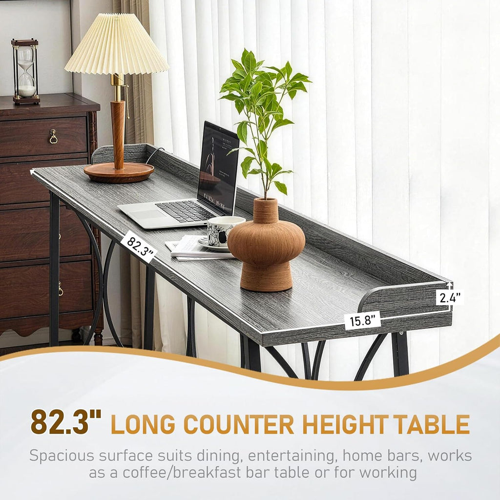 Karl home 82.3" Bar Table, Counter Height Table with Back Rail, Wash Gray