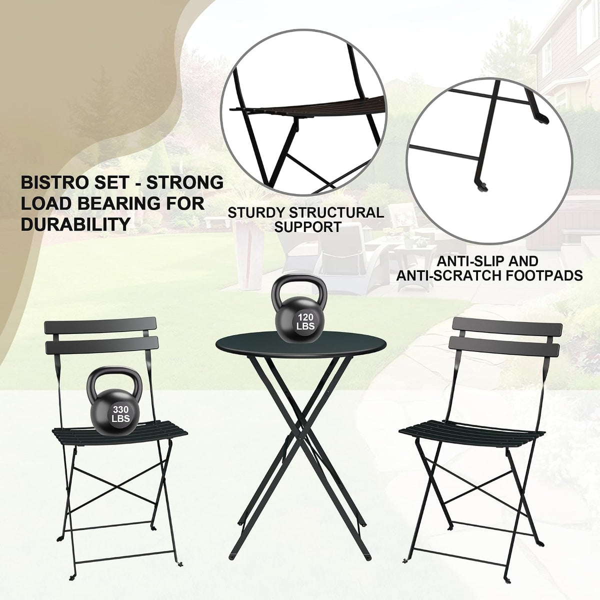 GarveeHome 3 Piece Foldable Patio Bistro Set, Compact Round Table with 2 Folding Chairs for Garden, Black