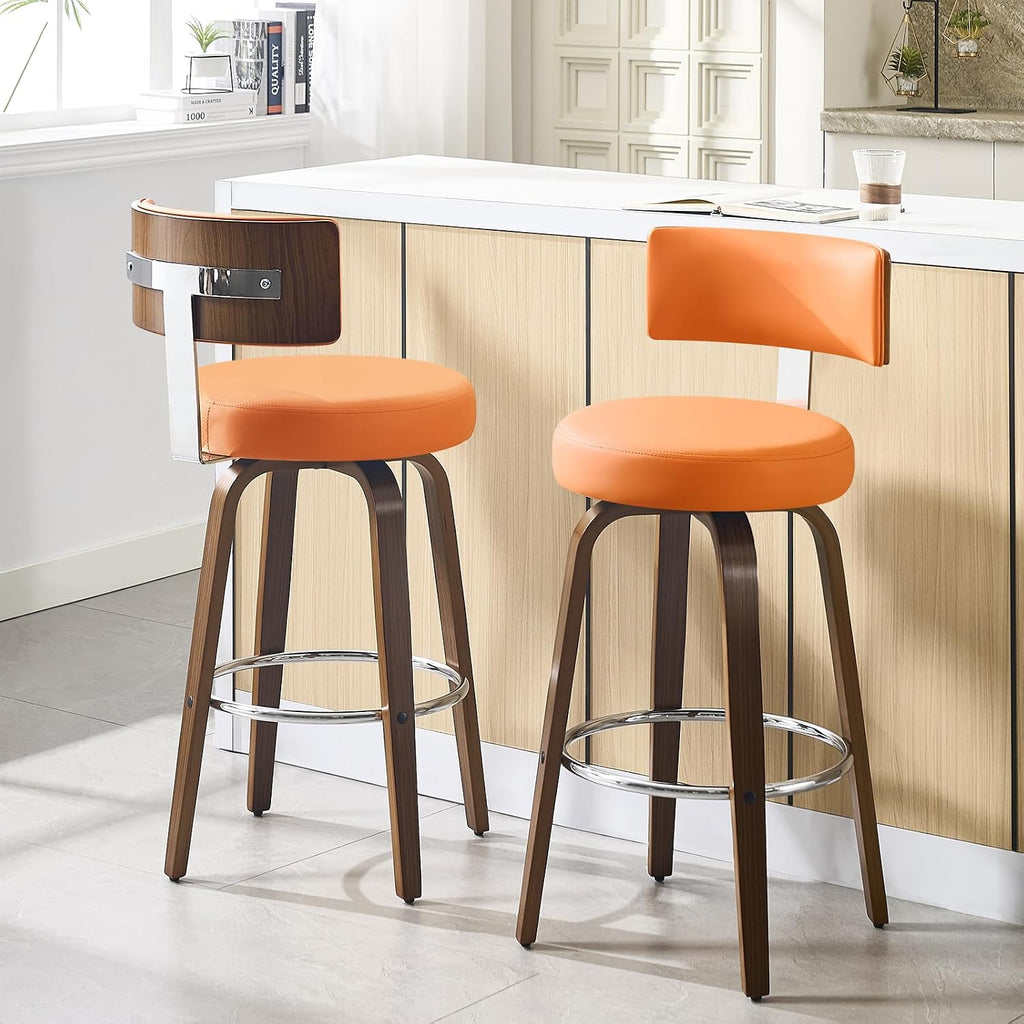 Bekrvio Swivel Counter Height Bar Stools Set of 2, Faux Leather Kitchen Stools Upholstered Barstools with Back, Walnut Wood Legs, Mid Century Island Chairs Counter Stools, 26" Seat Height, Orange