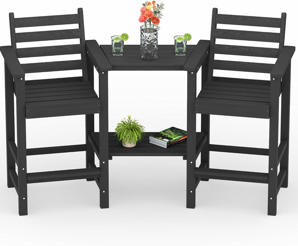 GLANC Tall Adirondack Chairs Set of 2, All Weather HDPE Bar Height Balcony Adirondack Chair with Removable Connecting Trays, Outdoor Adirondack Barstools for Deck Patio Pool Lawn, Black