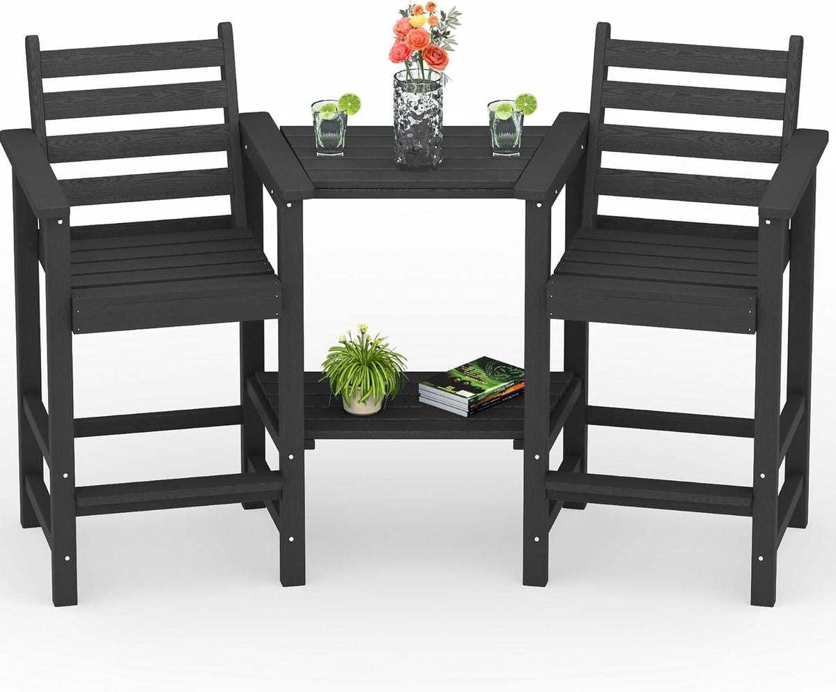 GLANC Tall Adirondack Chairs Set of 2, All Weather HDPE Bar Height Balcony Adirondack Chair with Removable Connecting Trays, Outdoor Adirondack Barstools for Deck Patio Pool Lawn, Black
