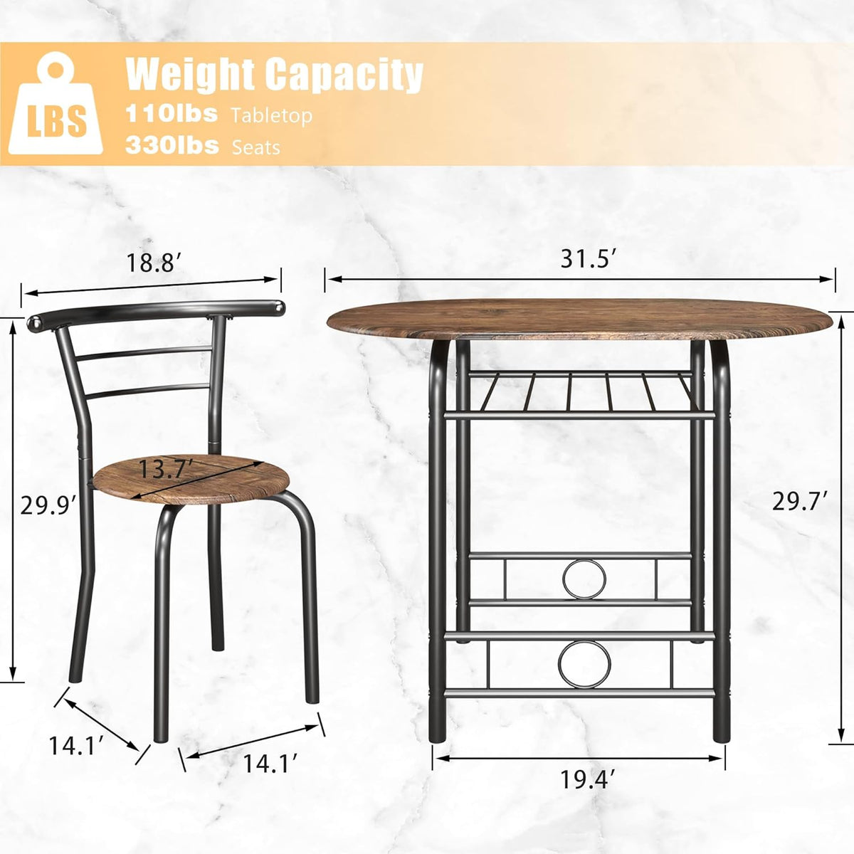 JUMMICO 3-Piece Wooden Round Table & Chair Set (Brown/Black)