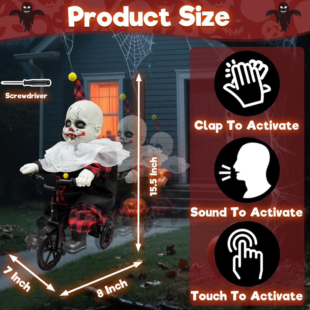 Halloween Animatronic 15.5” Clown Ride on Bicycle Moving Back and Forth