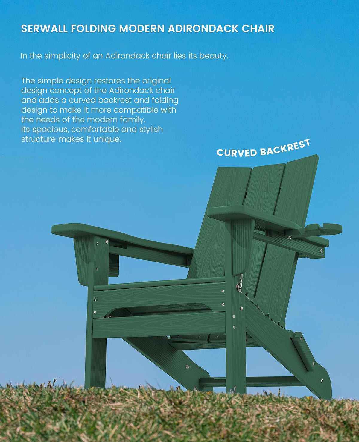 SERWALL Modern Folding Adirondack Chairs Set of 2, HDPE, Cup Holders, Green