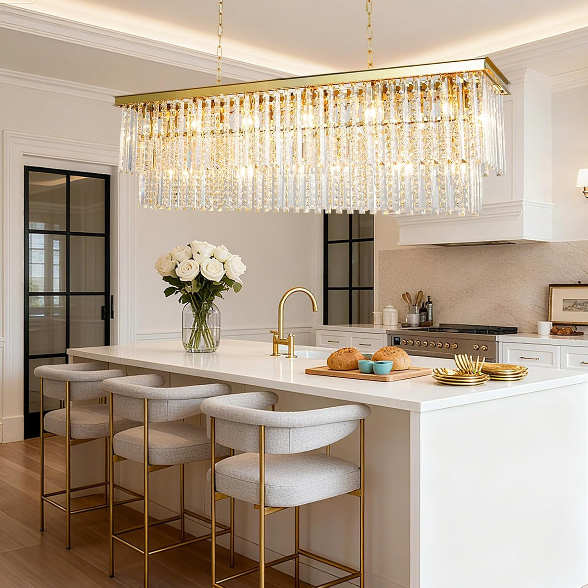 Luxury 55" Rectangule Gold Crystal Chandelier, Large Dining Room Chandelier