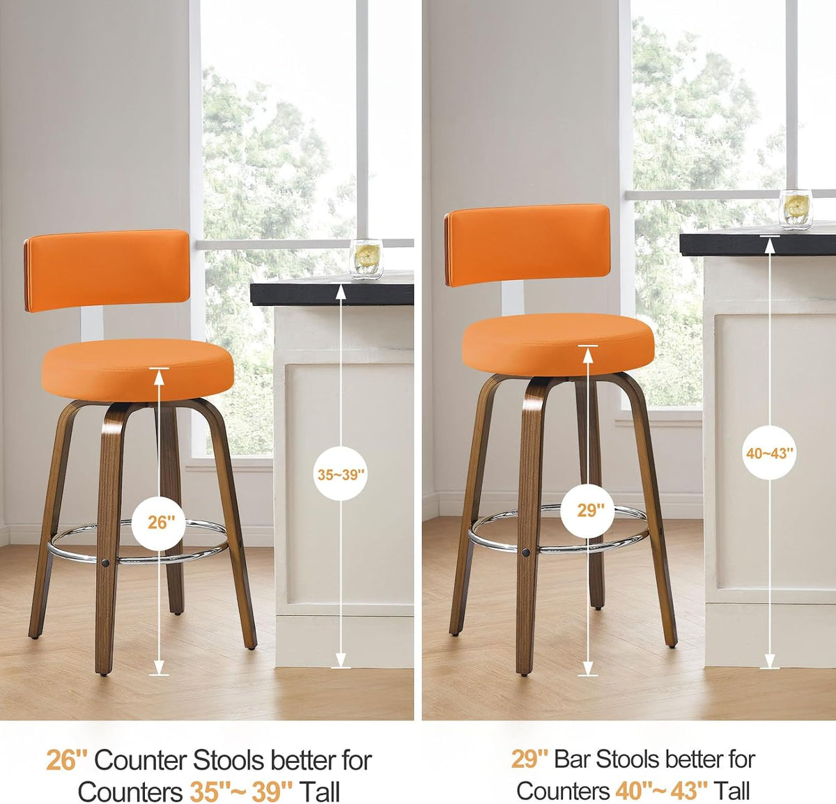 Bekrvio Swivel Counter Height Bar Stools Set of 2, Faux Leather Kitchen Stools Upholstered Barstools with Back, Walnut Wood Legs, Mid Century Island Chairs Counter Stools, 26" Seat Height, Orange