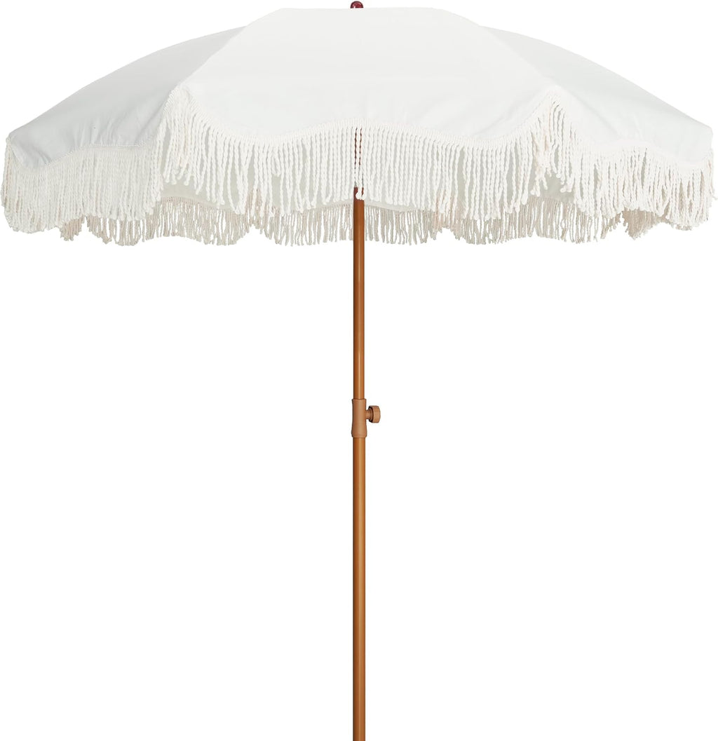 AMMSUN Boho Fringe Umbrella, 6.5ft Outdoor Umbrella with Tassel