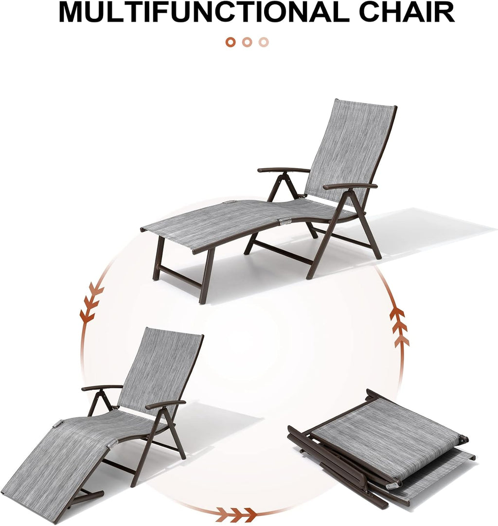 Lounge Chair Outdoor, Folding Pool Chaise Chairs Set of 2 (Black Gray)