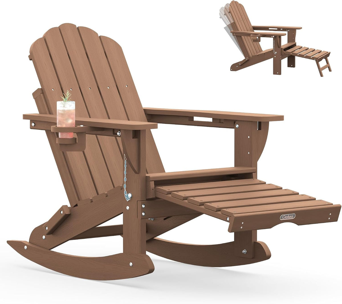 Ciokea Adirondack Rocking Chair with Footrest, Foldable HDPE Rocker (Teak)