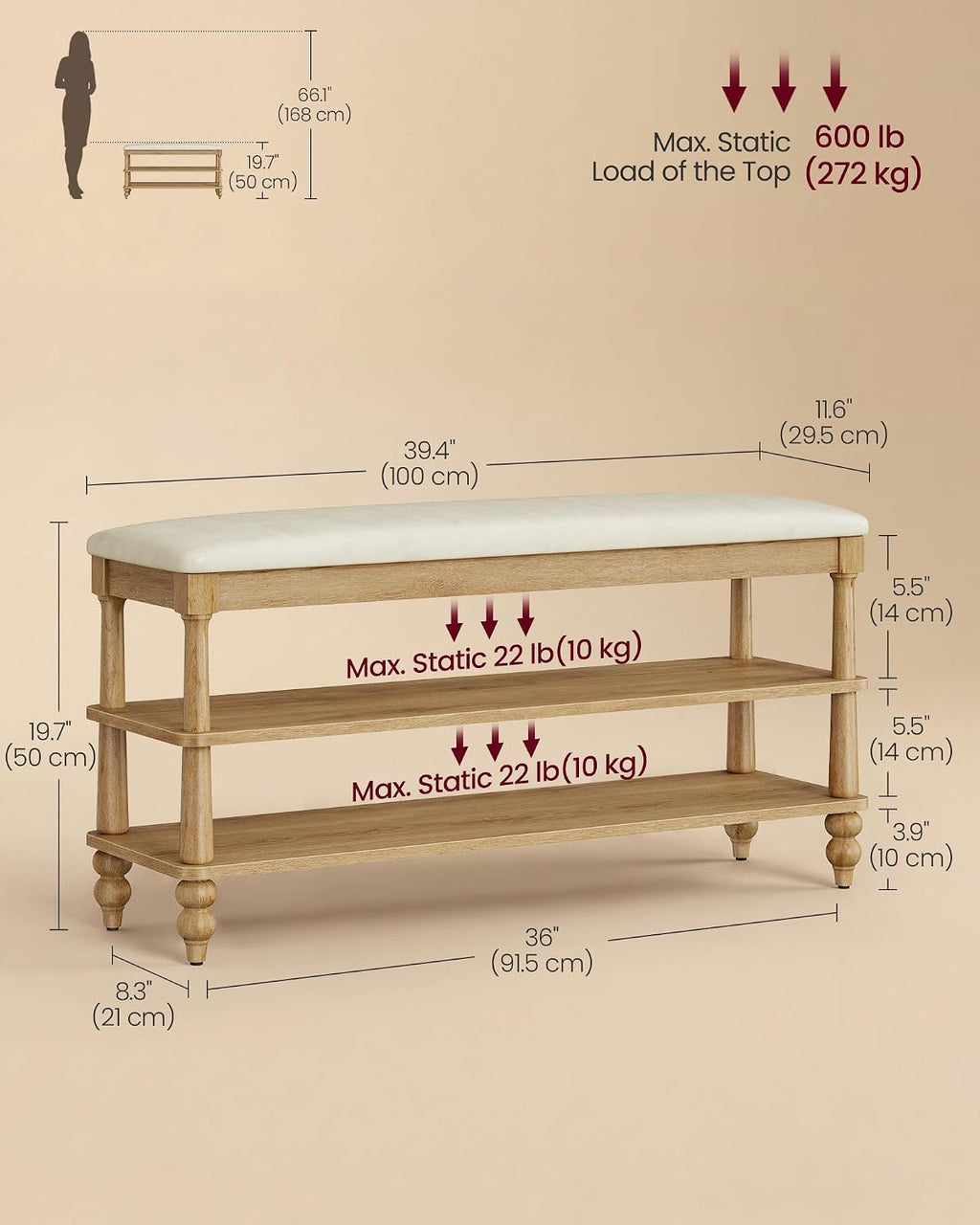 VASAGLE 2-Tier Shoe Bench, Wooden Entryway Bench, 39.4 Inches Width