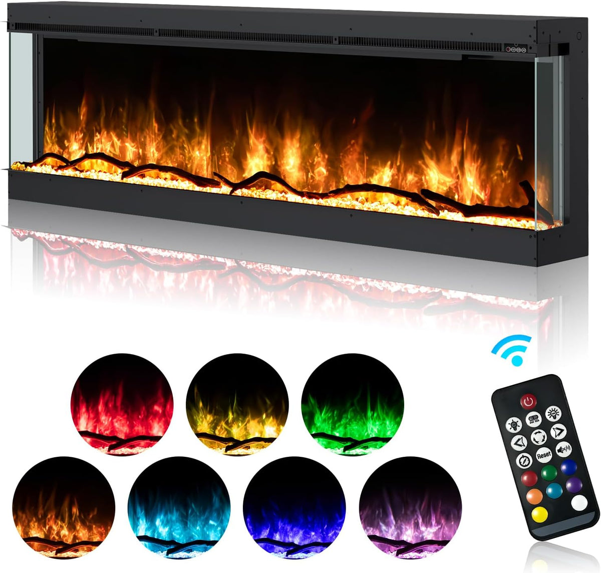 60" 3-Sided Electric Fireplace Recessed, Remote