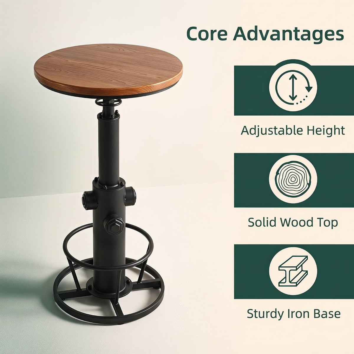 Vintage Bistro Table Height Adjustable 38.6-44.4inch Industrial Bar Table for Kitchen Dining Room Coffee House Pub Office Swivel Round Wooden Top for 2-3 People