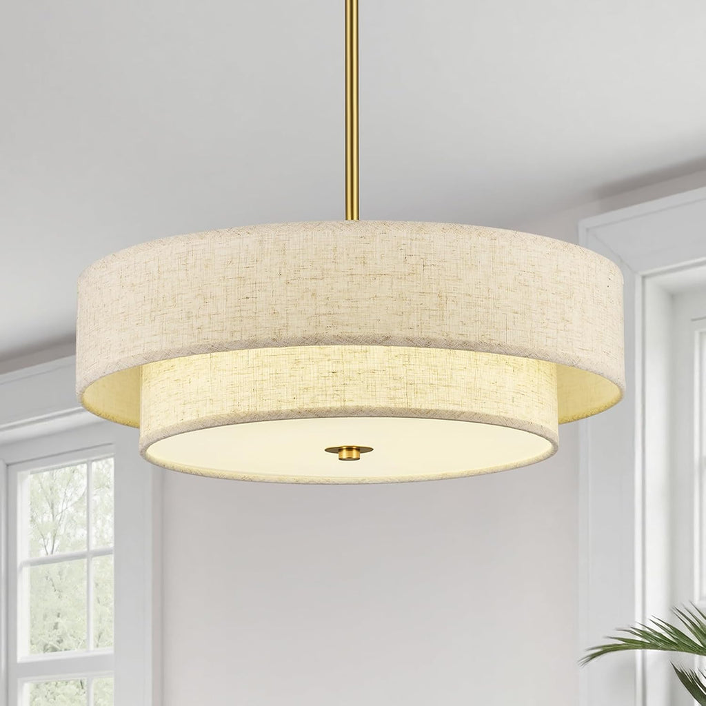 VONLUCE 18" Modern Drum Chandelier, 4-Light 2-Tier Linen Pendant Light