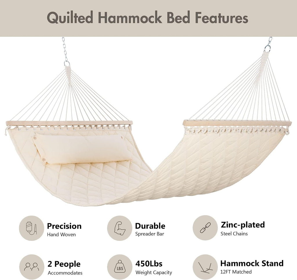 ANOW Heavy Duty Hammock with Spreader Bars and Detachable Pillow, Cream