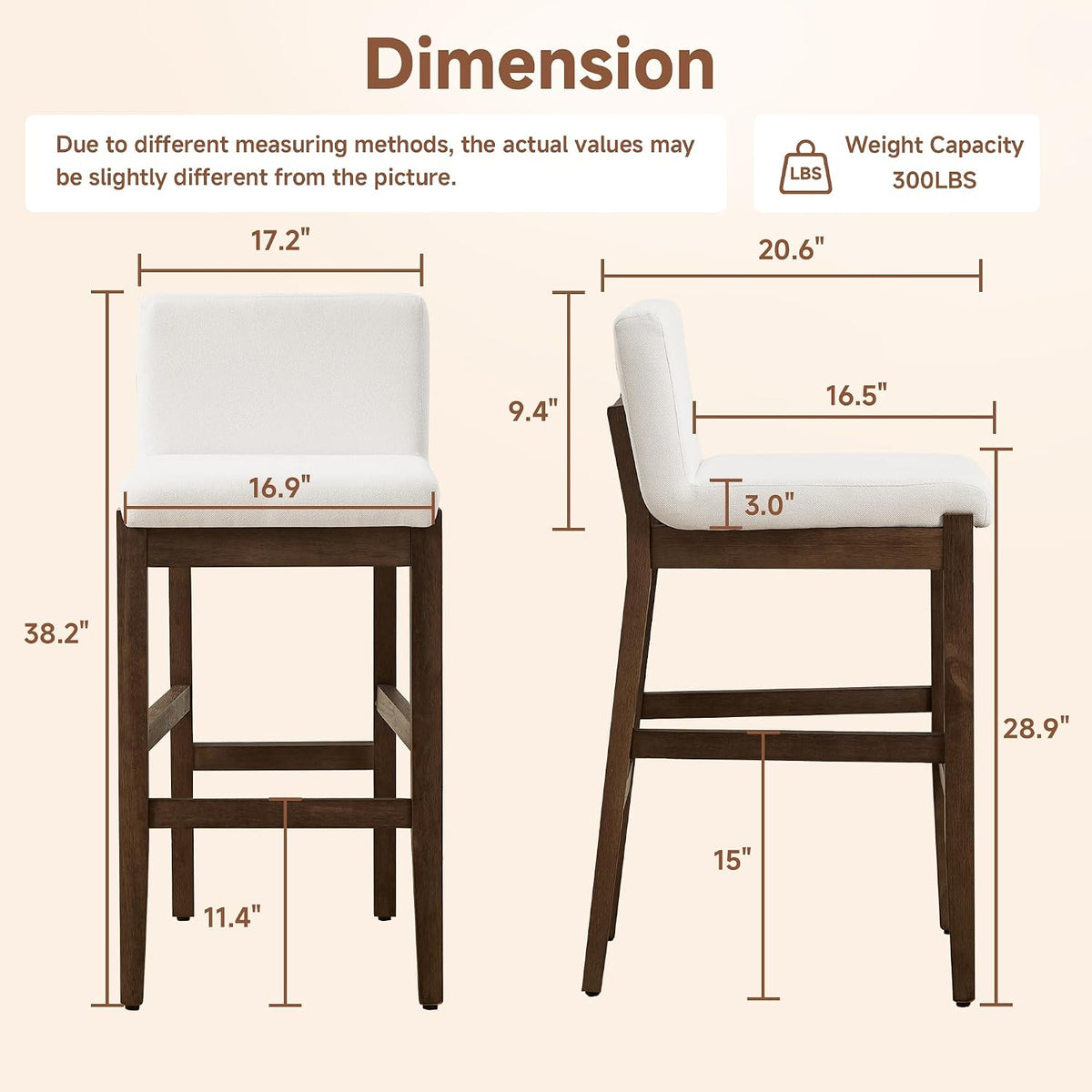 Bar Stools Set of 2, Counter Height Bar Stools with Backs, Comfortable Linen Upholstered Farmhouse Kitchen Island Stools, Barstools for Home Bar & Kitchen Counter, Beige