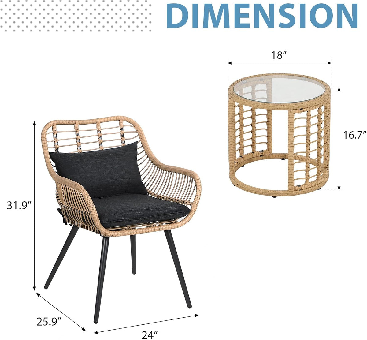 JOIVI 3 Piece Wicker Patio Bistro Set, Small Patio Conversation Set, Black