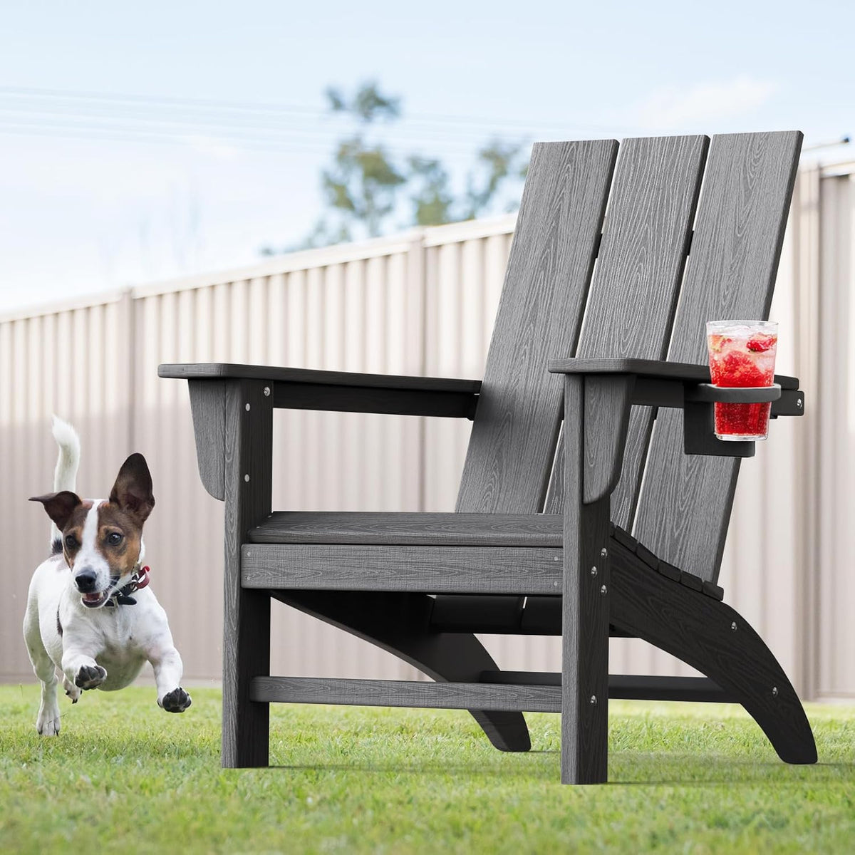 Modern Adirondack Chair with Cup Holder, HDPE Plastic Patio Chairs