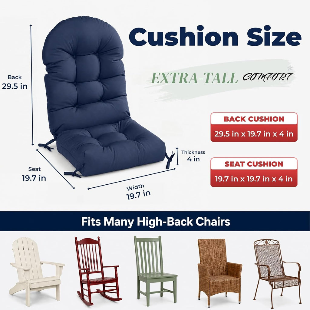 Rocking Chair Cushions Set of 2, Outdoor Thick Adirondack Chair Cushions, High Back Seat Pads for Porch Patio Chairs, Water & Fade Resistant Replacement Patio Furniture Cushion with Ties, Navy Blue