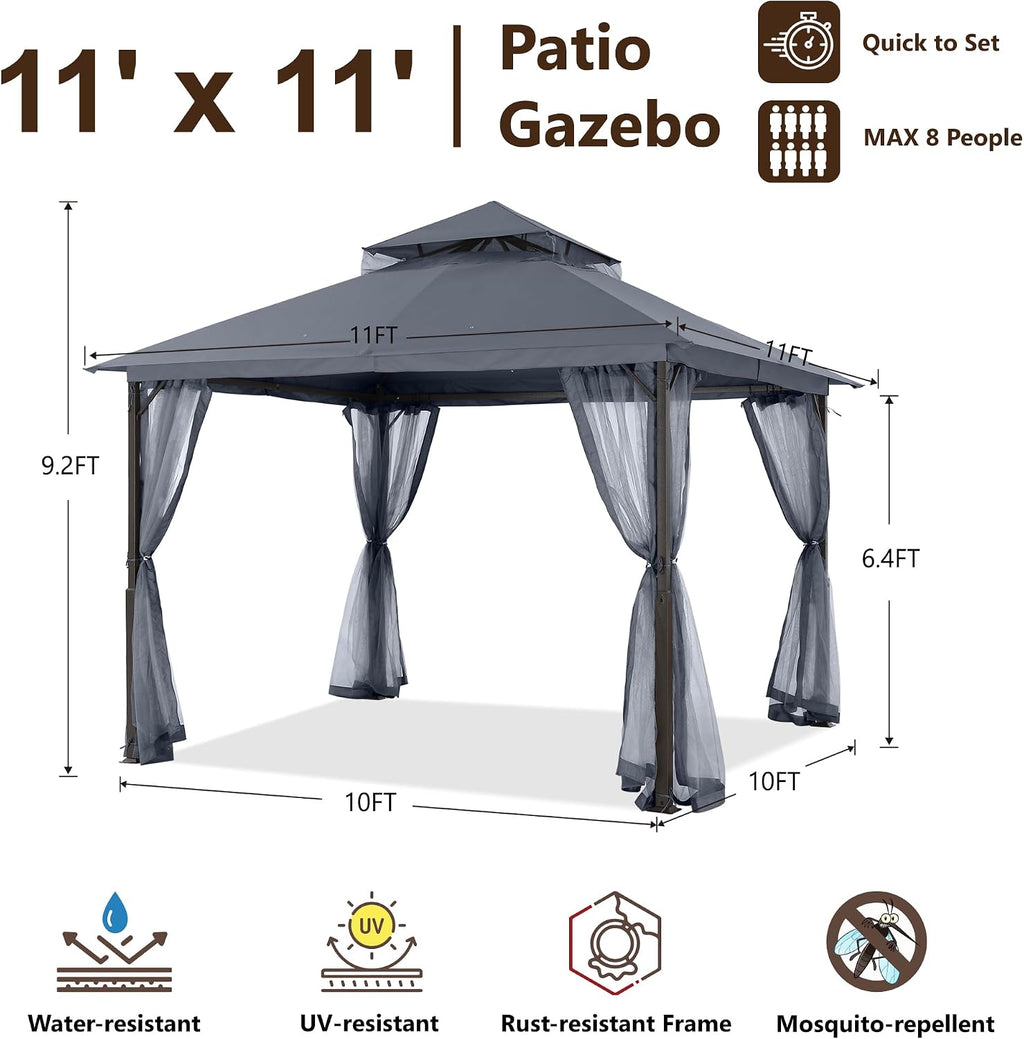 MASTERCANOPY 11x11 ft Stable Patio Gazebo with Netting Walls, Dark Gray
