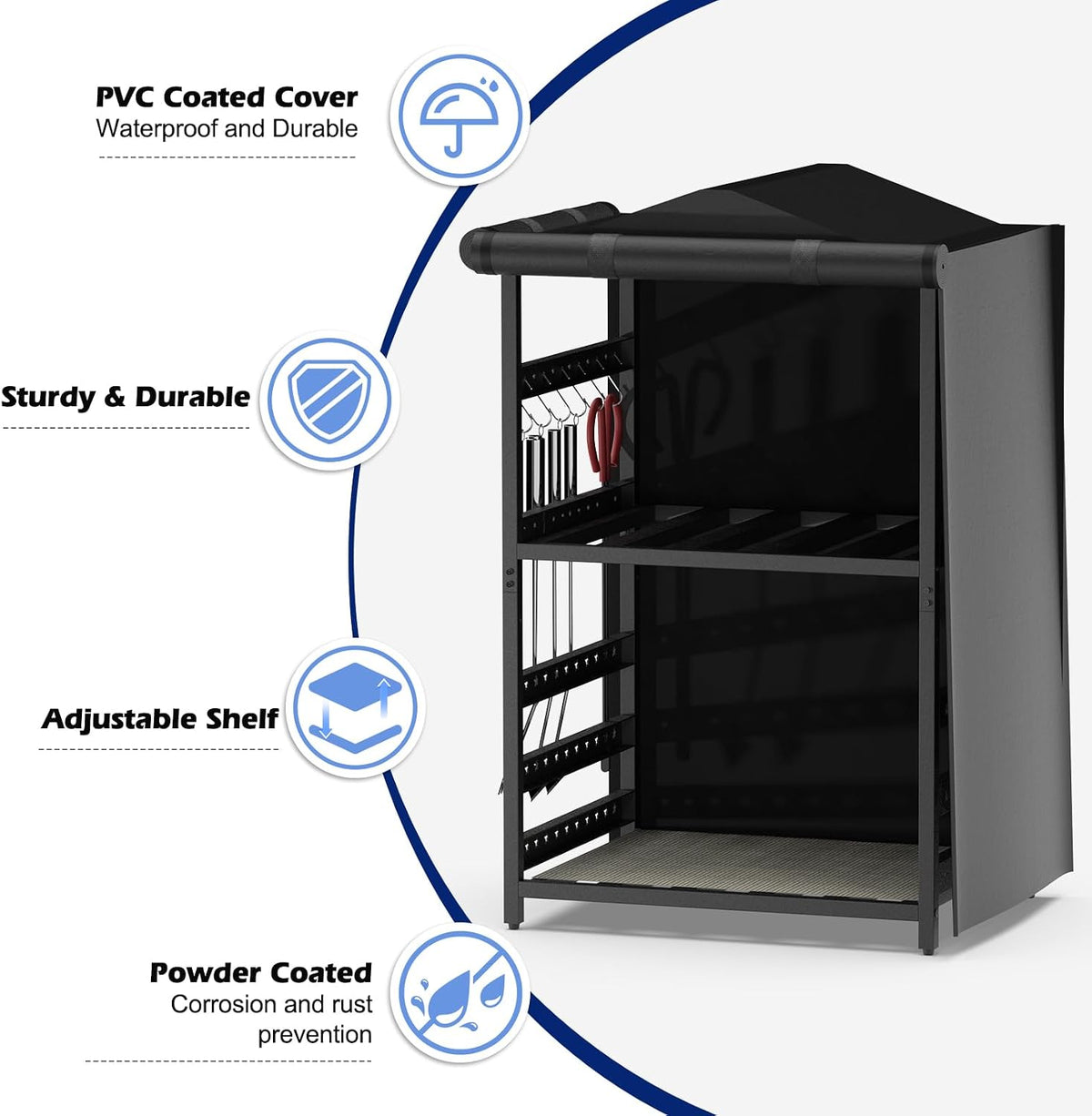 Storage Station for Solo Stove Bonfire, Yukon, Ranger, Firewood Rack Outdoor with Cover, Storage Rack for Fire Pit Accessories, with Waterproof Cover, Adjustable Shelf, Iron Black