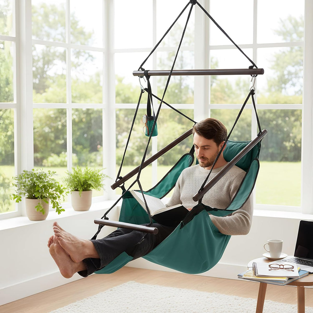 ONCLOUD Upgraded Unique Hammock Hanging Sky Chair, Air Deluxe Swing Seat with Rope (Green)
