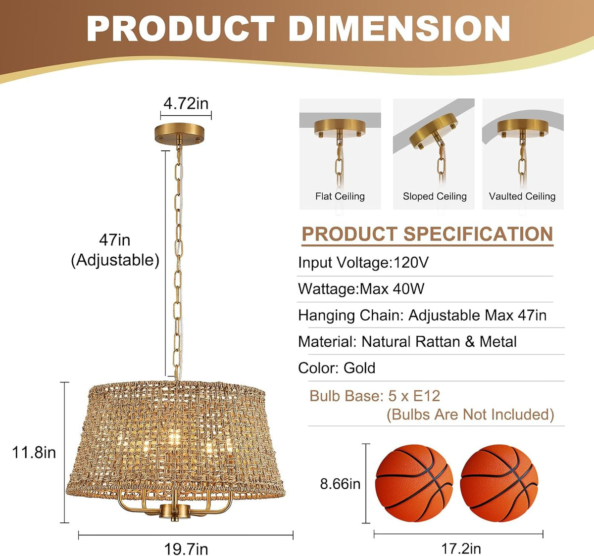 19.7" Boho Rattan Chandelier, 5-Light Gold Wicker Light Fixture