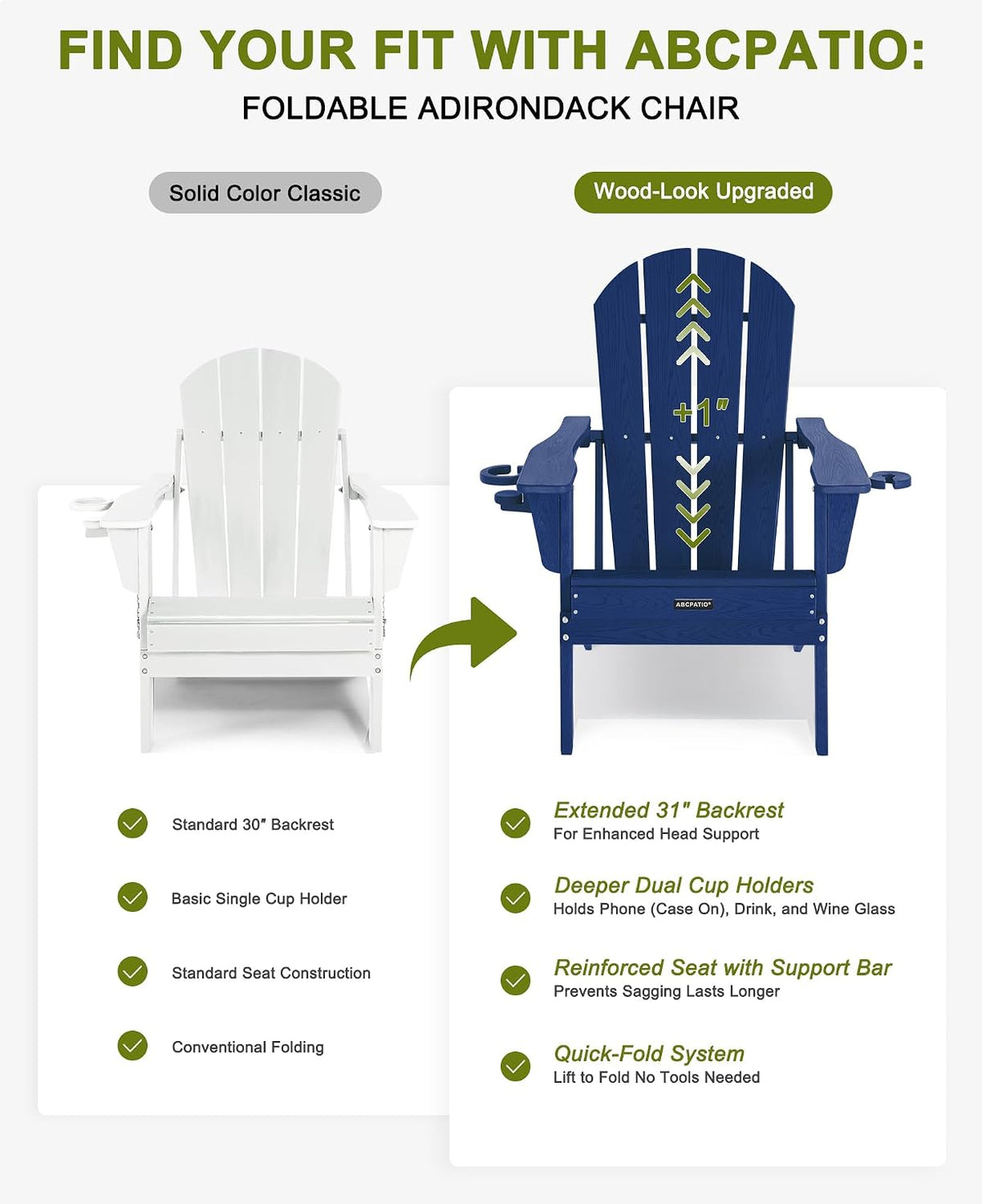 Adirondack Chair HDPE Cup Holders Heavy Duty Patio Woodgrain Navy