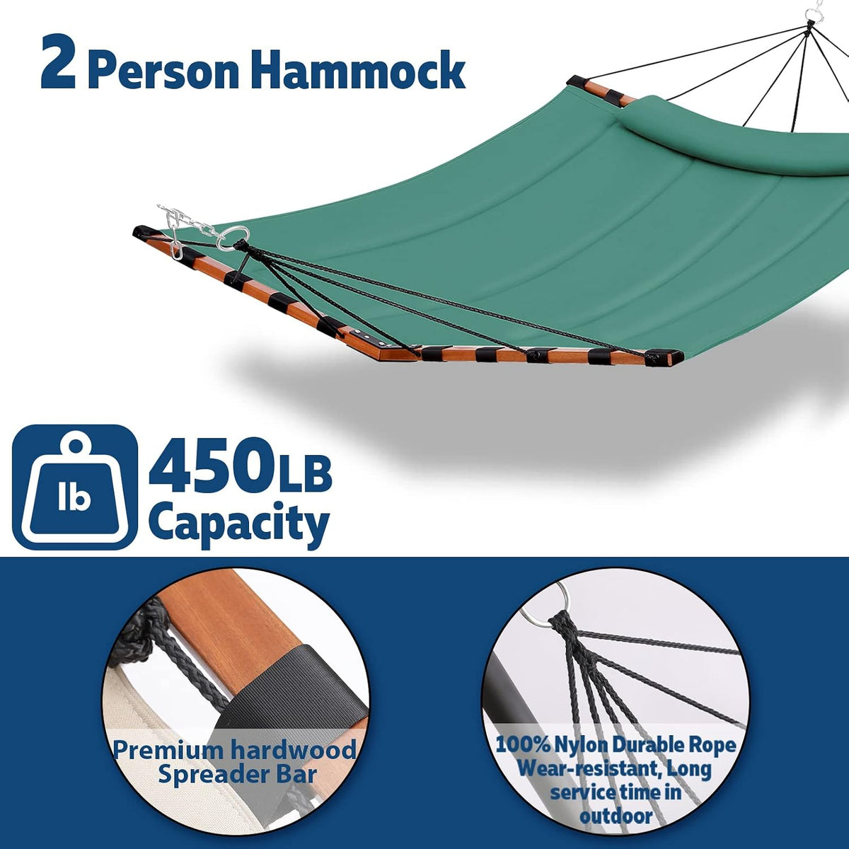 TegerDeger 12FT 2 Person Hammock with V Shaped Spreader Bar -Lake Blue