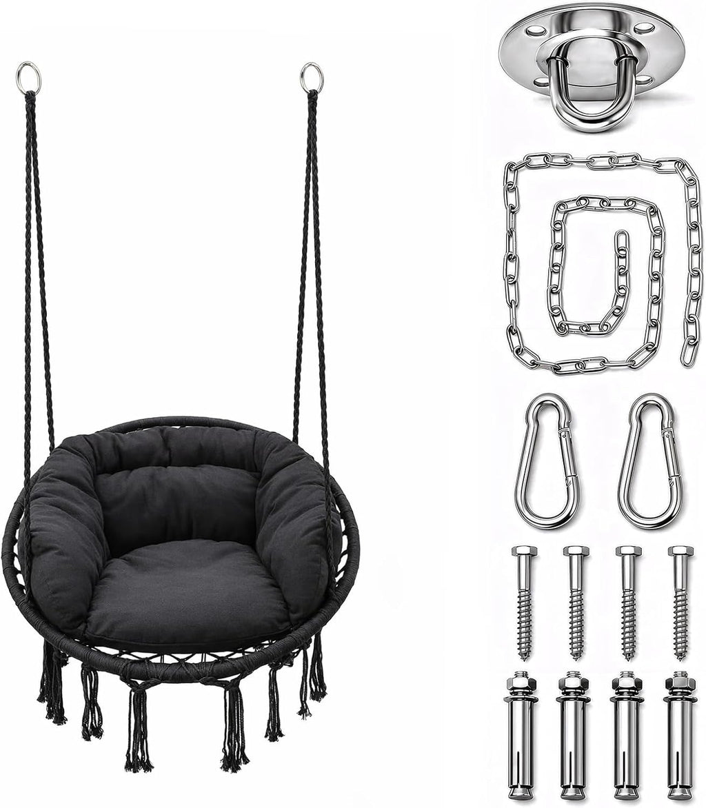 Athena Collection Hammock Chair with Hardware Kit & Cozy Cushion, Black