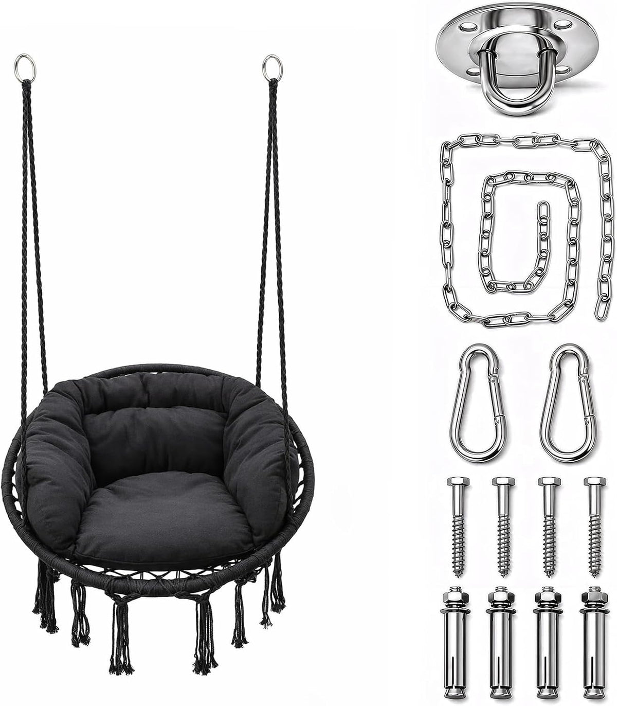 Athena Collection Hammock Chair with Hardware Kit & Cozy Cushion, Black