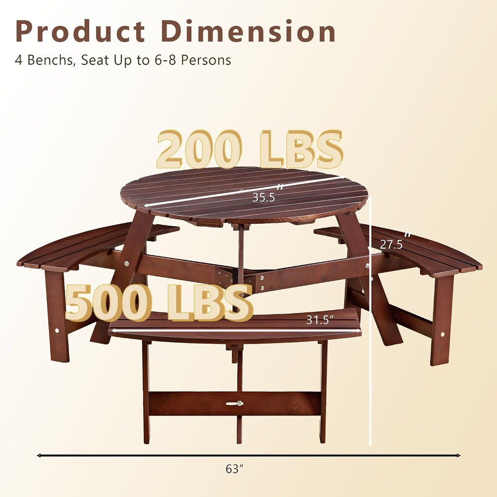 Round 6 Person Outdoor Picnic Table with 3 Built-in Benches