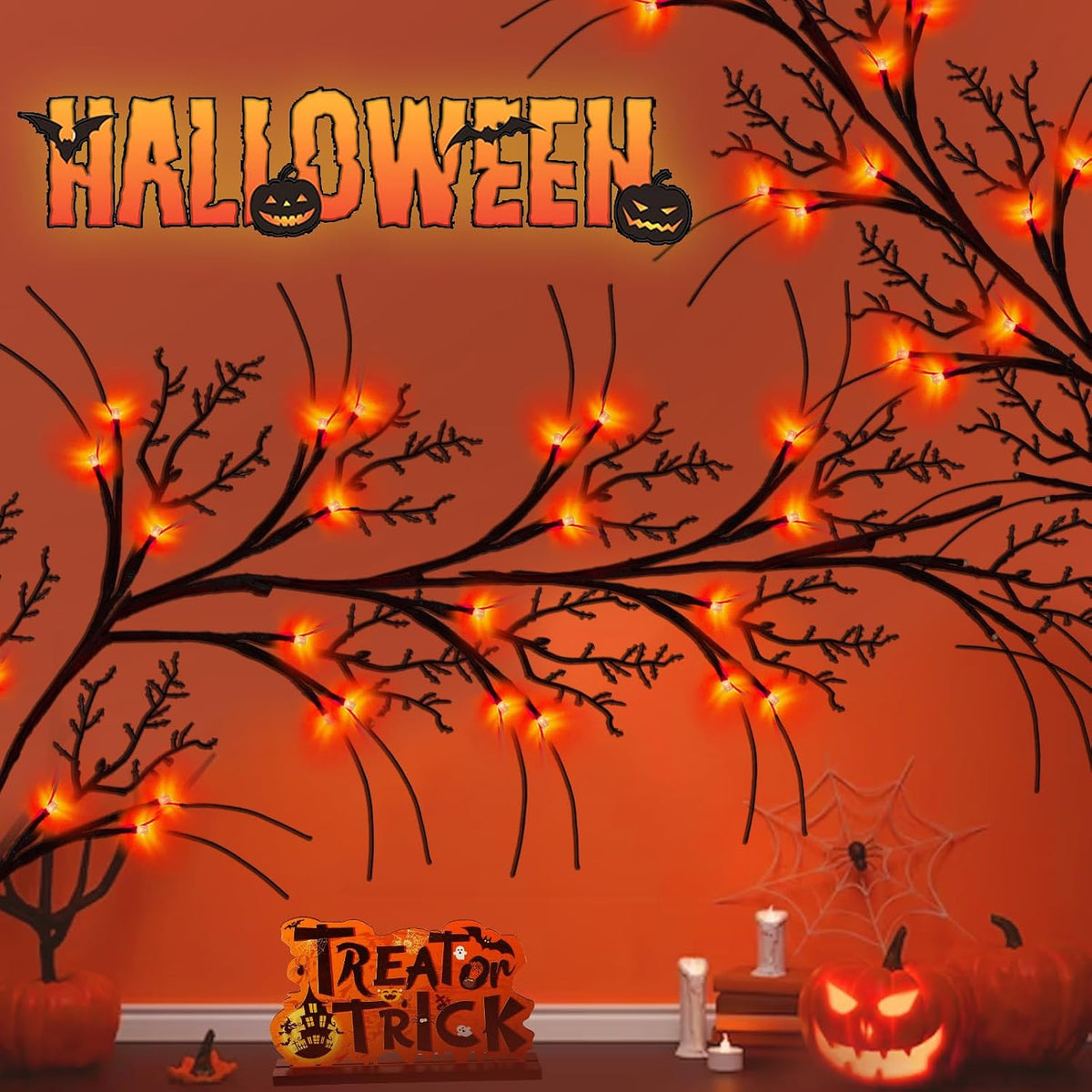 [8 Modes & Timer] 9 Ft Halloween Garland Willow Vine Twig Decor with 72 LED Orange Lights - Waterproof Battery Operated Indoor Wall Fireplace Decorations
