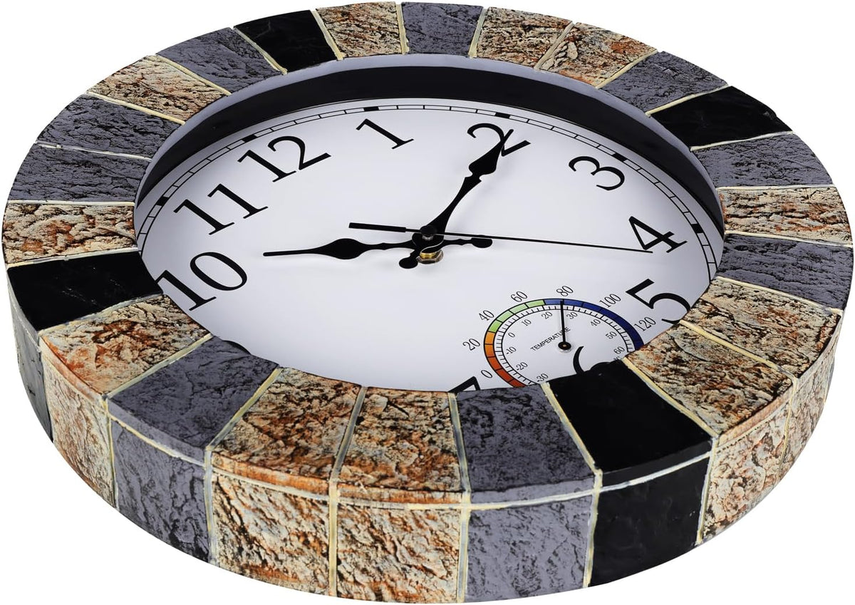 Outdoor Clock Waterproof with Thermometer, 13 Inch Silent Rustic Resin Wall Clock Weatherproof Decor for Patio Pool Garden Porch, Faux-Stone Brown