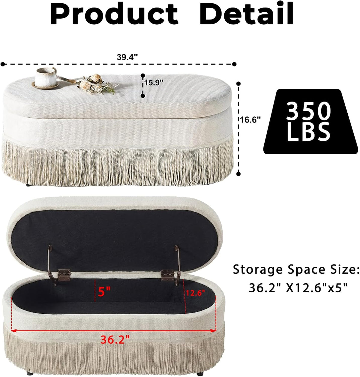 39.4“ Boho Storage Ottoman Bench with Tassels,Upholstered End of Bed Bench