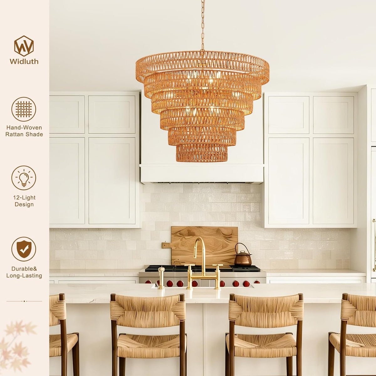 31.5" large gold rattan chandelier, 12-light hand-woven 6-tier showing dimensions