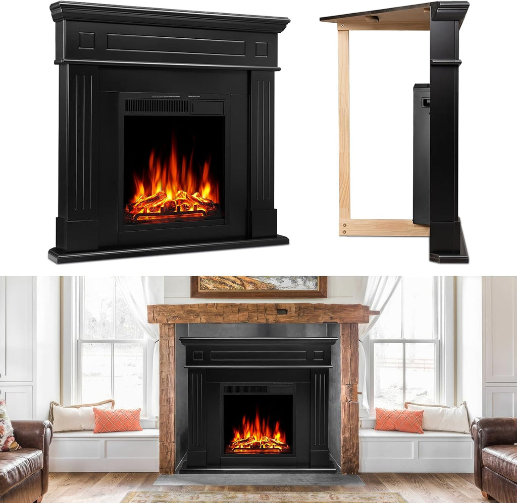 44" Corner Electric Fireplace with Mantel Package Freestanding Fireplace Heater Corner Firebox with Log & Remote Control,750-1500W,Black