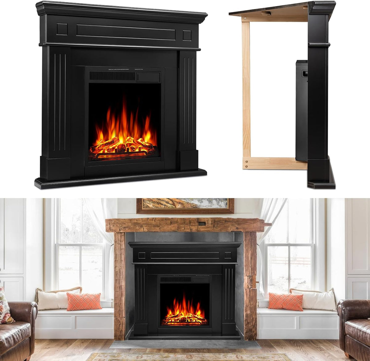 44" Corner Electric Fireplace with Mantel Package Freestanding Fireplace Heater Corner Firebox with Log & Remote Control,750-1500W,Black