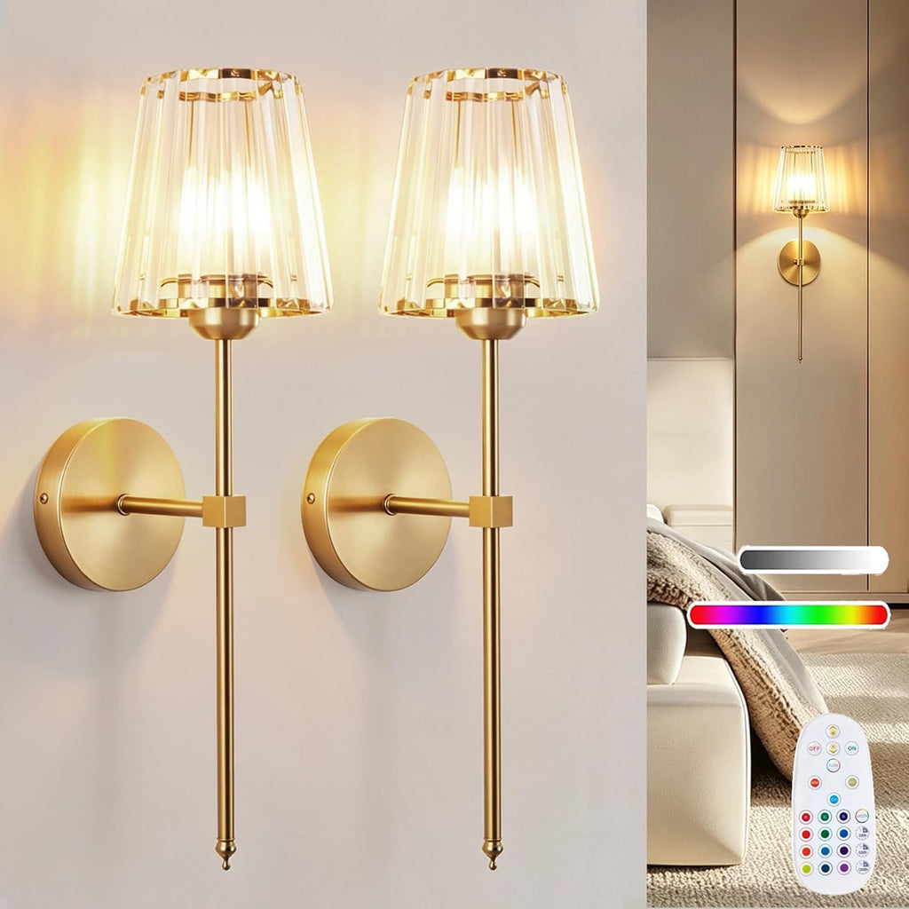 Battery Operated Set of 2, Rechargeable Wall Sconce with Crystal Lampshade